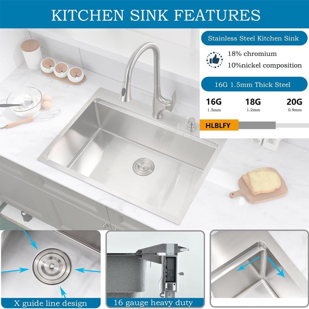 33 Inch Drop in Kitchen Sink Workstation - 33X22 Inch Topmount Single Bowl Workstation 16 Gauge Stainless Steel Drop-In Sinks,Round Corner Basin for Kitchen with Accessories